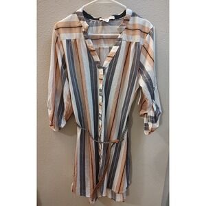 Passport Size XL Women Multicolor Stripe Buttons Belted Tunic Shirt Top D6